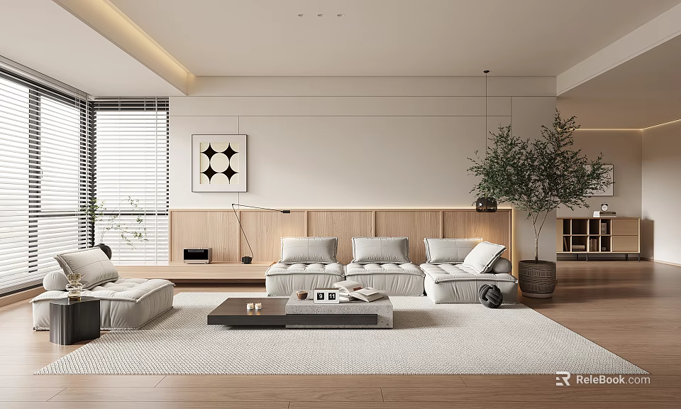 Modern Living Room Interior With Light Colored Sofa Coffee Table Wooden Floor And Green Plant 3d model 