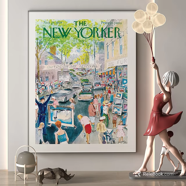 New Yorker Poster with Vibrant Street Scene People Cars and Red Dress Statue 3d model 