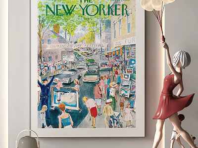 New Yorker Poster with Vibrant Street Scene People Cars and Red Dress Statue 3d model