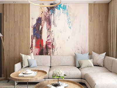 Warm Modern Living Room With Abstract Wall Mural Comfortable Sectional Sofa And Wooden Coffee Tables 3d model