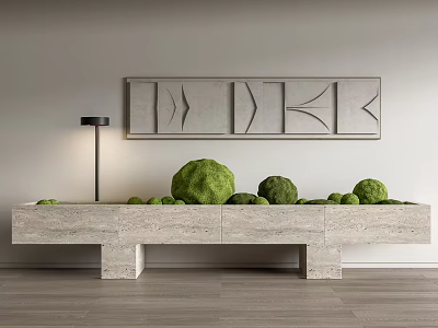 Indoor Garden Landscape With Green Round Plants On Light Gray Cabinet And Black Floor Lamp 3d model