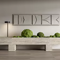 Indoor Garden Landscape With Green Round Plants On Light Gray Cabinet And Black Floor Lamp