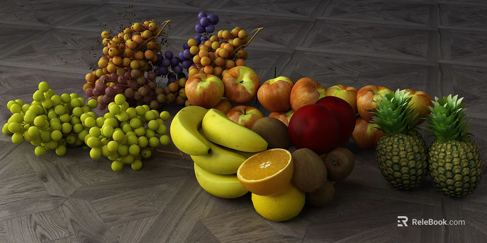 Fresh Assorted Fruits Display With Grapes Bananas Apples Oranges And Pineapple 3d model 
