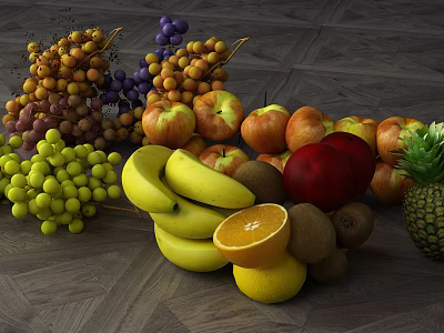 Fresh Assorted Fruits Display With Grapes Bananas Apples Oranges And Pineapple 3d model