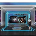 Hi tech Game Exhibition Area With Large LED Screen And Glowing Blue White Lines