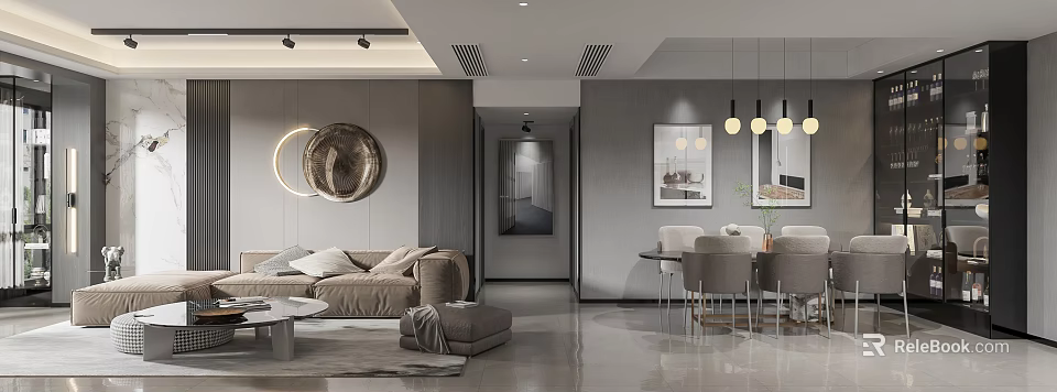 Modern Living and Dining Room Interior Design With Sofa Coffee Table Dining Table And Chairs 3d model 