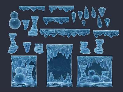 Creative Ice Design Elements With Icicles Blocks Platforms And Cave Structures 3d model