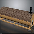 Wooden Barrel Structure With Tile Covered Roof And Black Chimney Stand