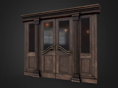 Classic Dark Wooden Double Doors with Glass Panels Carved Details and Metal Handles 3d model