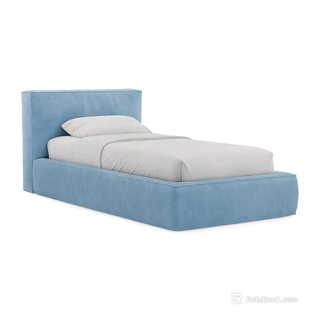 Blue Upholstered Single Bed With Minimalist Design And White Bed Sheets 3d model