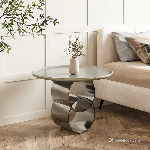Modern Round Bedside Table With Metal Base And Dried Flower Vase Near Sofa 3d model 