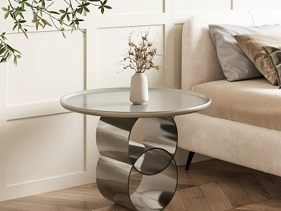 Modern Round Bedside Table With Metal Base And Dried Flower Vase Near Sofa 3d model
