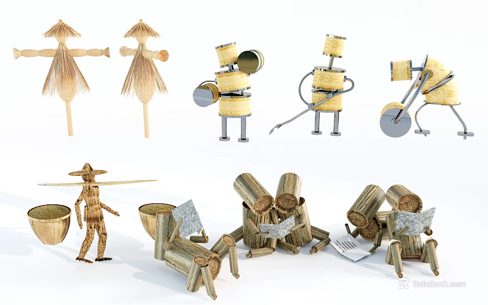 Handmade Straw Models of Agricultural Equipment Featuring Traditional Farm Tools 3d model 