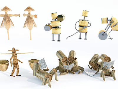 Handmade Straw Models of Agricultural Equipment Featuring Traditional Farm Tools 3d model