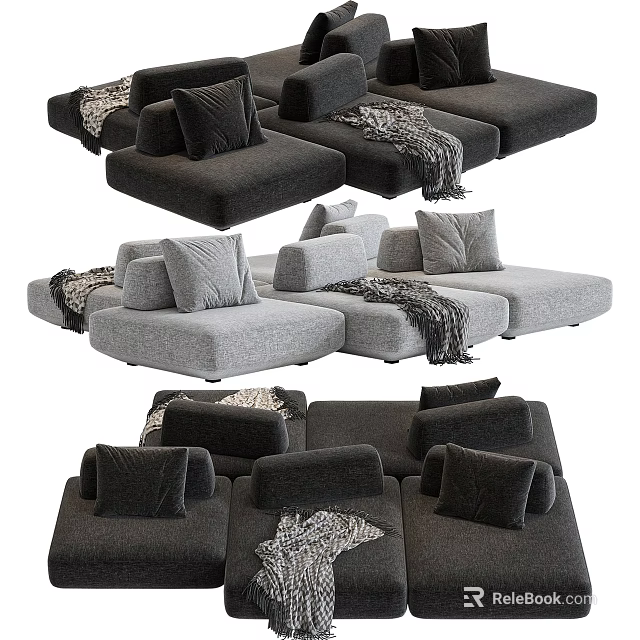 Modern Sectional Sofa with Gray and Black Fabric Throw Pillows and Knit Blankets 3d model 