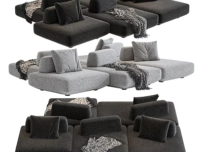 Modern Sectional Sofa with Gray and Black Fabric Throw Pillows and Knit Blankets 3d model