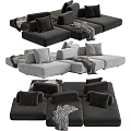 Modern Sectional Sofa with Gray and Black Fabric Throw Pillows and Knit Blankets