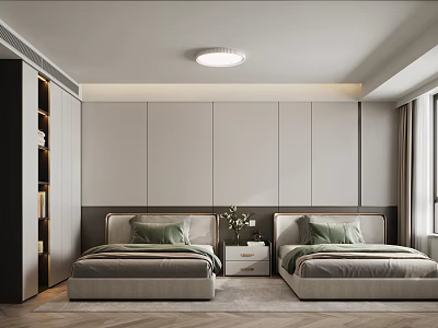 Modern Bedroom Interior With Twin Beds Green Pillows Nightstand And Plant 3d model