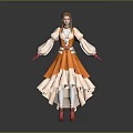 Brown Haired Woman In Orange Dress With White Sleeves Red Gloves And Red Shoes