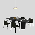 Modern Dark Rectangular Dining Table With Dark Green Chairs Fruit Plate And White Pendant Light