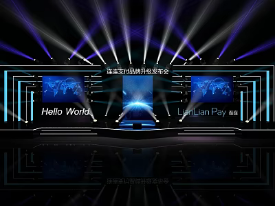 Elegant Tech Summit Stage With Purple Lighting Screens Global Map And Hello World 3d model