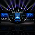 Elegant Tech Summit Stage With Purple Lighting Screens Global Map And Hello World 3d model