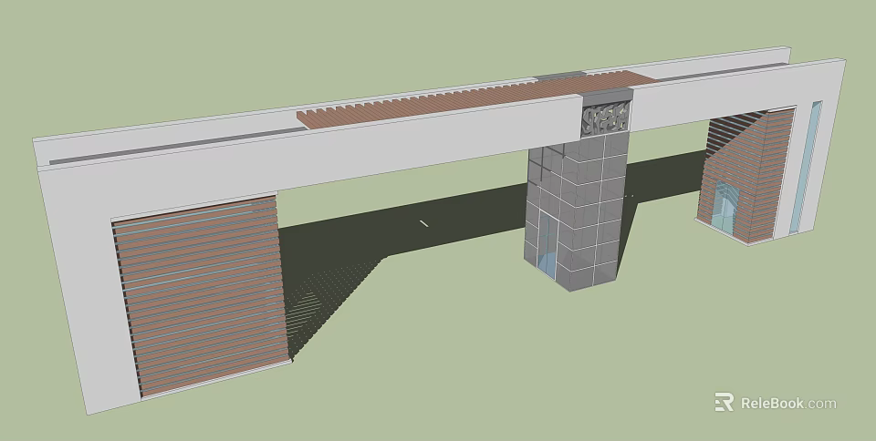 Modern Entrance Gate Design With Wooden Panels Stone Columns And Glass Elements 3d model 