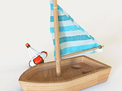 Wooden Toy Sailboat Doll With Blue White Striped Sail Orange Lifebuoy And Small Bottle 3d model