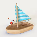 Wooden Toy Sailboat Doll With Blue White Striped Sail Orange Lifebuoy And Small Bottle
