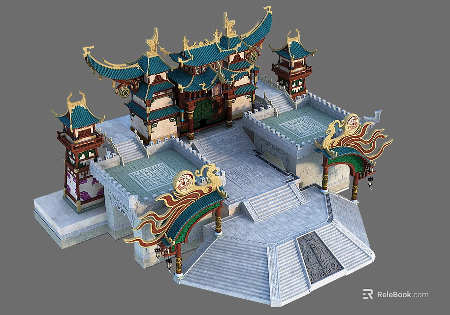 Ancient Chinese Architecture Traditional Design With Curved Eaves Golden Brackets And Stone Steps 3d model 