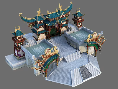 Ancient Chinese Architecture Traditional Design With Curved Eaves Golden Brackets And Stone Steps 3d model
