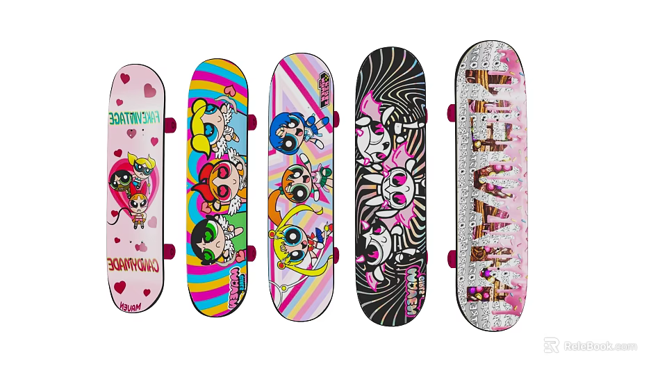 Five Colorful Skateboards With Cartoon Characters And Vibrant Graphic Prints 3d model 