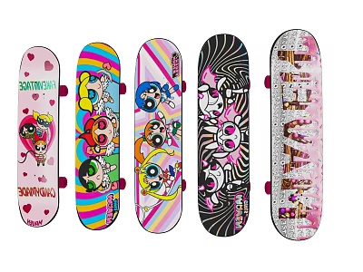 Five Colorful Skateboards With Cartoon Characters And Vibrant Graphic Prints 3d model