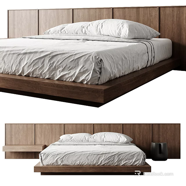 Modern Wooden Double Bed Interior With Headboard White Bed Sheets And Pillows 3d model 