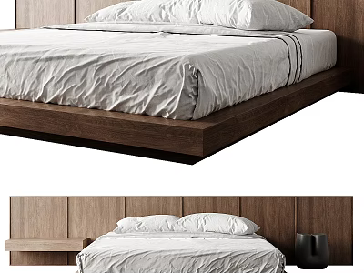 Modern Wooden Double Bed Interior With Headboard White Bed Sheets And Pillows 3d model