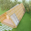 Slanted Wooden House With Solar Panels On Roof And Front Steps Pathway
