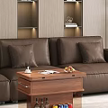 Brown Leather Sofa With Plush Pillows And Wooden Coffee Table On Wheels In Living Room