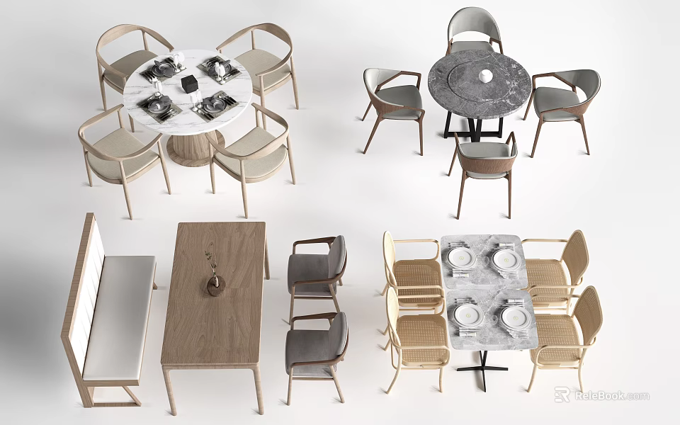 Modern Dining Table Designs With Round And Rectangular Shapes And Matching Chairs 3d model 