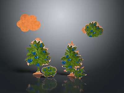 Green Trees With Blue Fruits And Small Shrubs Near Orange Clouds 3d model