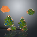 Green Trees With Blue Fruits And Small Shrubs Near Orange Clouds