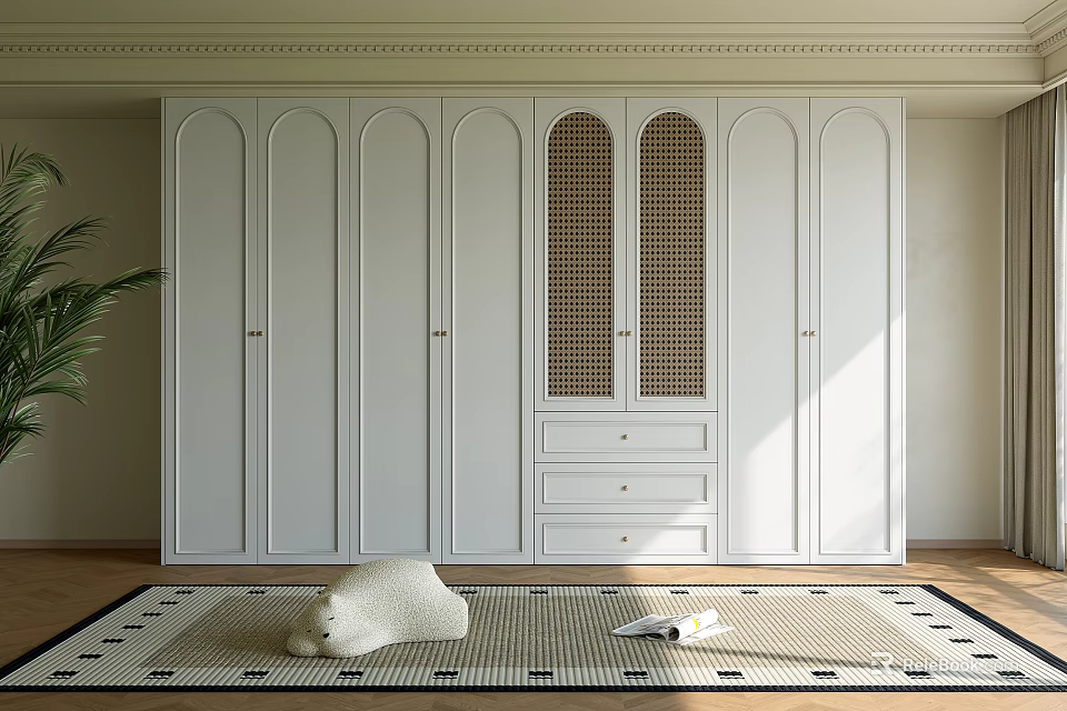 Stylish White Modern Wardrobe with Rattan Grid Panel and Drawers Interior Design 3d model 