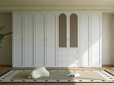 Stylish White Modern Wardrobe with Rattan Grid Panel and Drawers Interior Design 3d model
