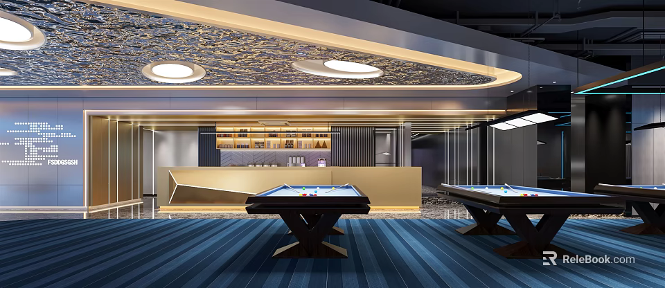 Elegant Billiard Room With Two Tables Blue Striped Carpet And Golden Bar Counter 3d model 