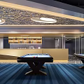 Elegant Billiard Room With Two Tables Blue Striped Carpet And Golden Bar Counter