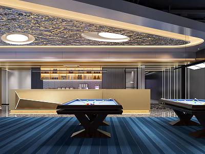 Elegant Billiard Room With Two Tables Blue Striped Carpet And Golden Bar Counter 3d model