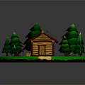Charming Log Cabin With Red Roof Green Trees And Stone Path On Lush Lawn