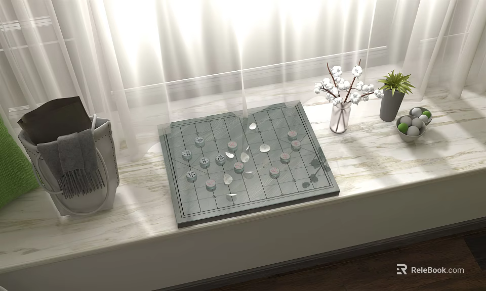 Sunlit Board Game Entertainment On Window Sill With Chess Pieces Vase Plant And Bright Curtains 3d model 