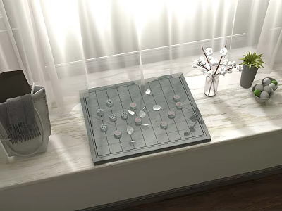 Sunlit Board Game Entertainment On Window Sill With Chess Pieces Vase Plant And Bright Curtains 3d model