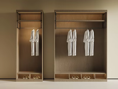 Simple Wooden Wardrobe Interior With Hanging White Robes And Shoes At The Bottom 3d model