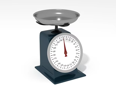 Kitchen Interior Design Featuring Mechanical Kitchen Scale With Blue Base And Silver Tray 3d model